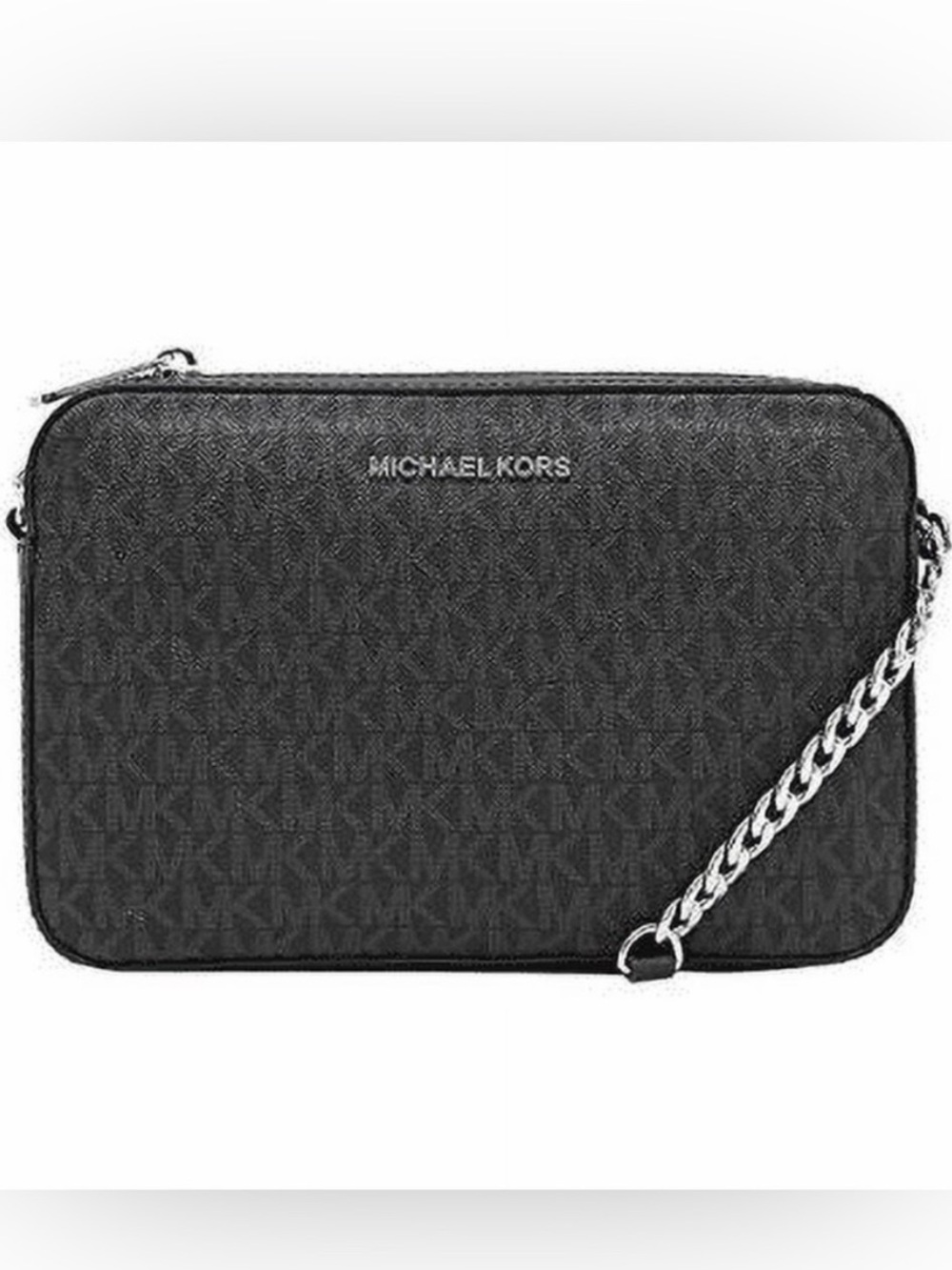 Michael Kors Black Logo-Print Camera Bag Silver Chain Crossbody Adjustable